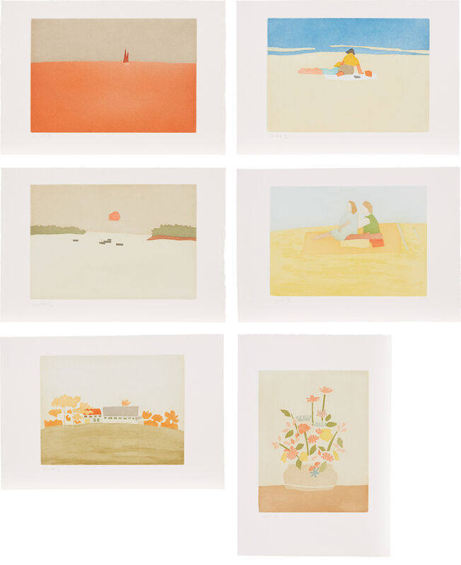 Alex Katz, ‘Small Cuts’, 2008-09, Print, The complete set of six aquatints in colors, on Cartiere Magnani Carona paper, with full margins, with six poems by John Godfrey, all contained in the original pale, light blue paper-covered portfolio case with orange printed text., Phillips