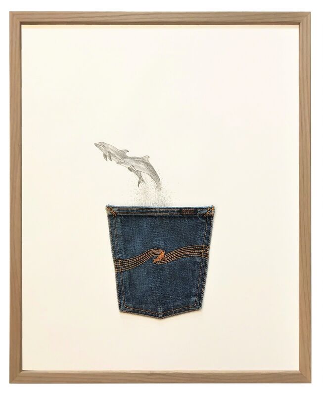 Peter Holst Henckel, ‘Pocketables (Dolphins)’, 2018, Mixed Media, Jeans pocket and pencil on paper, framed, SPECTA