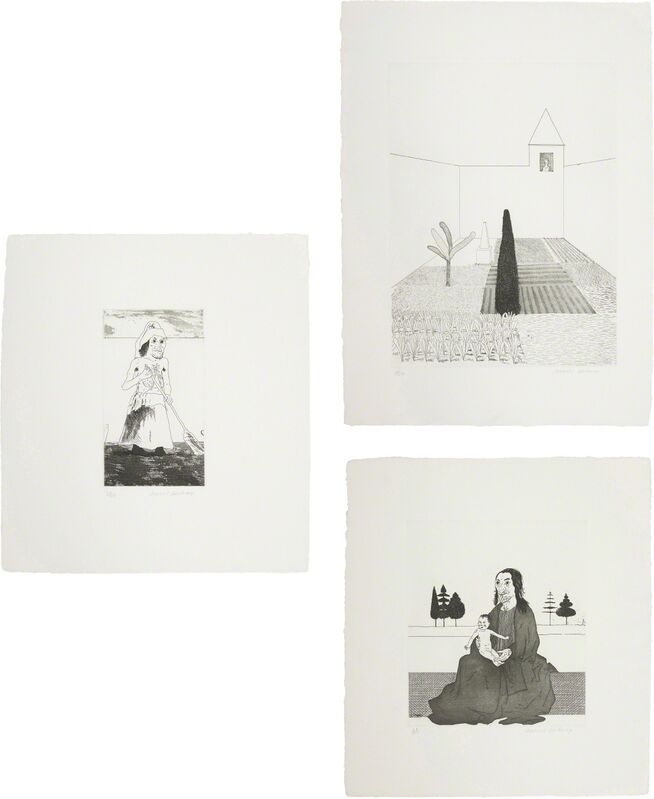 David Hockney, ‘Rapunzel Growing in the Garden; The Enchantress in her Garden; and The Enchantress with the Baby Rapunzel, plates 12, 13 and 14 from Illustrations for Six Fairy Tales from the Brothers Grimm’, 1969, Print, Three etching and aquatints, on Hodgkinson hand-made wove paper watermarked 'DH / PP', with full margins, Phillips