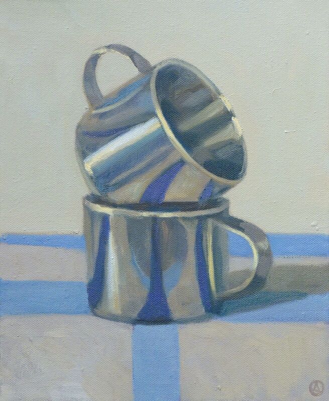 Olga Antonova, ‘Two Cups on Blue Stripes’, 2014, Painting, Oil on Canvas, Gallery Henoch