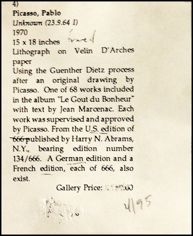 Pablo Picasso, ‘Le Gout De Bonheur (23.9.64 I)’, 1970, Reproduction, Lithograph, Original Art Broker