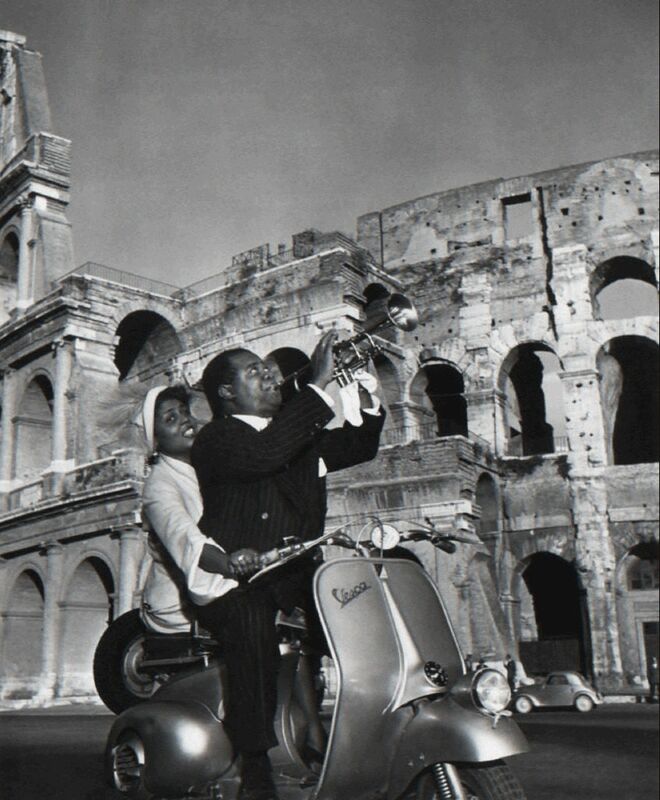 Slim Aarons, ‘Jazz Scooter, Rome, Louis Armstrong’, 1948, Photography, Silver gelatin print, IFAC Arts