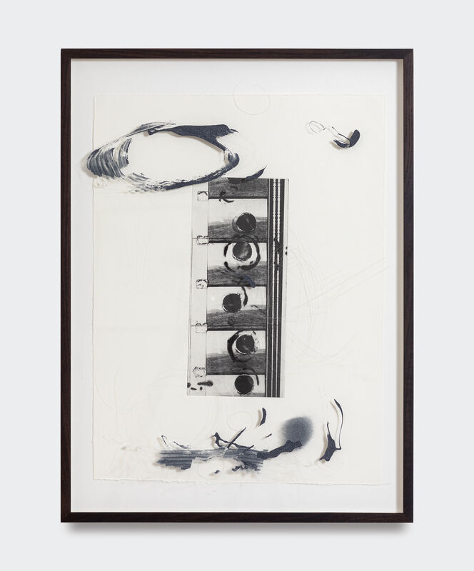 Julie Koldby, ‘Din Shape, Bleached Memory’, 2020, Mixed Media, 16 mm filmstills, photogravure, carborundum in modified smoked oak frame with scratched plexiglass, V1 Gallery