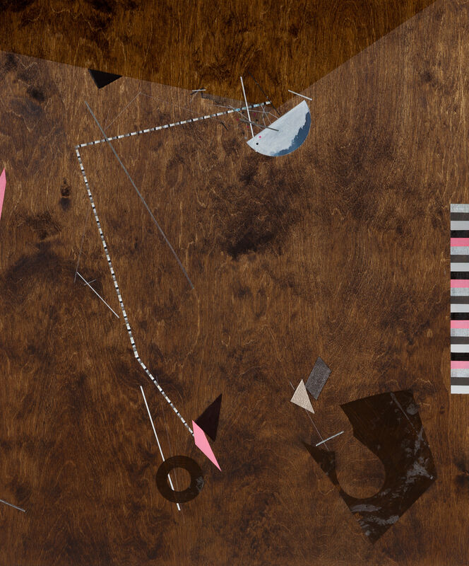 Dannielle Tegeder, ‘Mahogany Golden Secret Universe Plan with Structured City and Pink Exhaust System’, 2016, Painting, Collage, ink, color pencil, acrylic, graphite, leather and copper on wood, Arróniz Arte Contemporáneo 