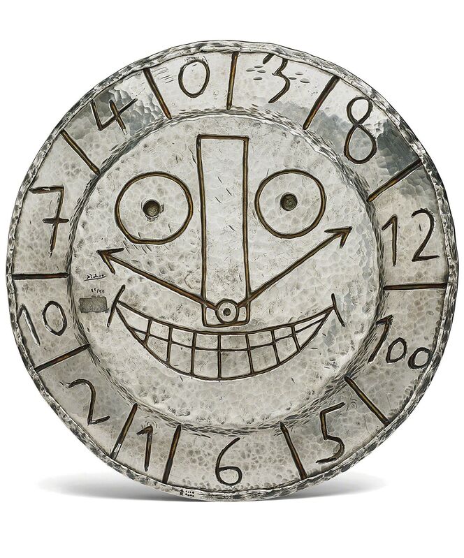 Pablo Picasso, ‘Horloge aux chiffres (Clock With Figures)’, 1956, Design/Decorative Art, Repoussé silver plate, contained in the original wooden presentation box with blue velvet lining., Phillips