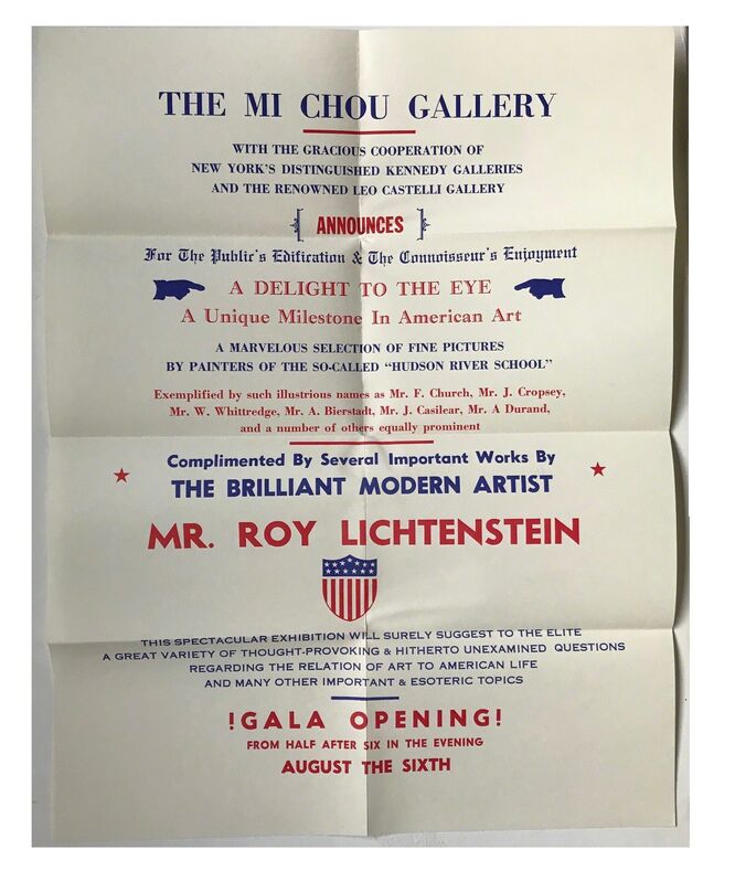 Roy Lichtenstein, ‘"Mr. Roy Lichtenstein", Exhibition Invitation/ Poster,  Mi Chou Art Gallery NYC / Kennedy Gallery NYC / Leo Castelli Gallery NYC, MUSEUM QUALITY, RARE’, 1949, Ephemera or Merchandise, Lithograph on paper, VINCE fine arts/ephemera