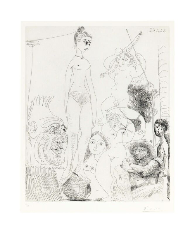 Pablo Picasso, ‘Autoportrait transposé et déboublé rêvant au cirque, avec Jacqueline en acrobate à la boule, from La Série 347’, 1968, Print, Etching on Rives BFK paper, Christie's