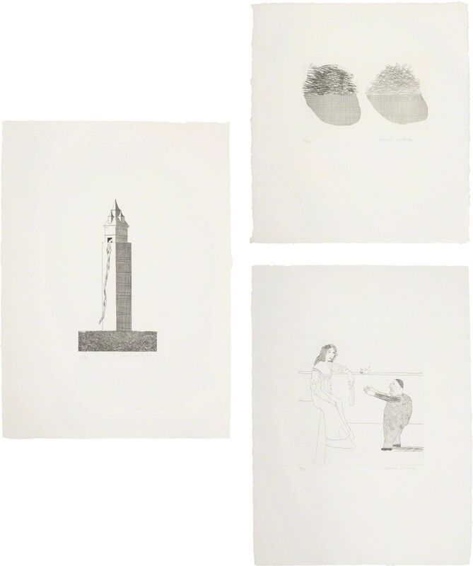 David Hockney, ‘The Tower Had One Window; Straw on the Left, Gold on the Right; and Pleading for the Child, plates 16, 36 and 37 from Illustrations for Six Fairy Tales from the Brothers Grimm’, 1969, Print, Three etchings, one with aquatint and one with soft-ground etching, on Hodgkinson hand-made wove paper watermarked 'DH / PP', with full margins, Phillips