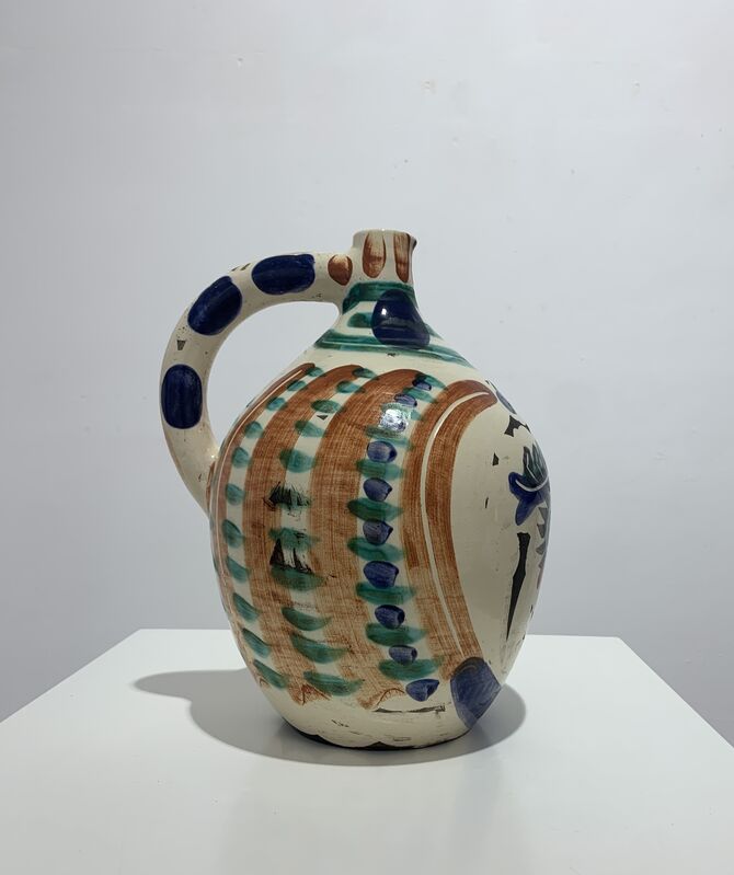 Pablo Picasso, ‘Visage aux yeux rieurs’, 1969, Sculpture, White earthenware clay turned pitcher with decoration in englobes (blue, green, red, white) under partial brushed glazed with black patent, PEP LLABRÉS ART CONTEMPORANI