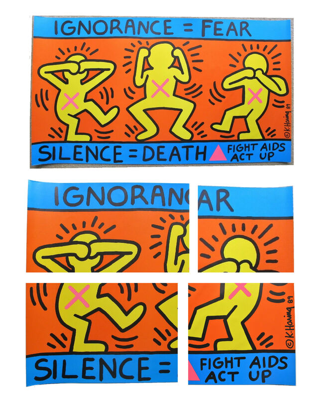 Keith Haring, ‘"Ignorance = Fear = Silence = Death/ Fight Aids Act Up", Poster, Lithograph, AIDS Coalition to Unleash Power (ACT UP), 24 x 43 in. NEAR MINT CONDITION !!!!’, 1989, Ephemera or Merchandise, Lithograph on paper, VINCE fine arts/ephemera