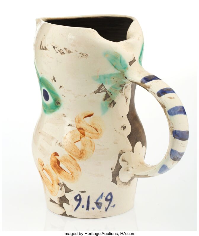Pablo Picasso, ‘Face with Circles’, 1969, Design/Decorative Art, Partially glazed white earthenware pitcher, with handpainting and grey patina, Heritage Auctions