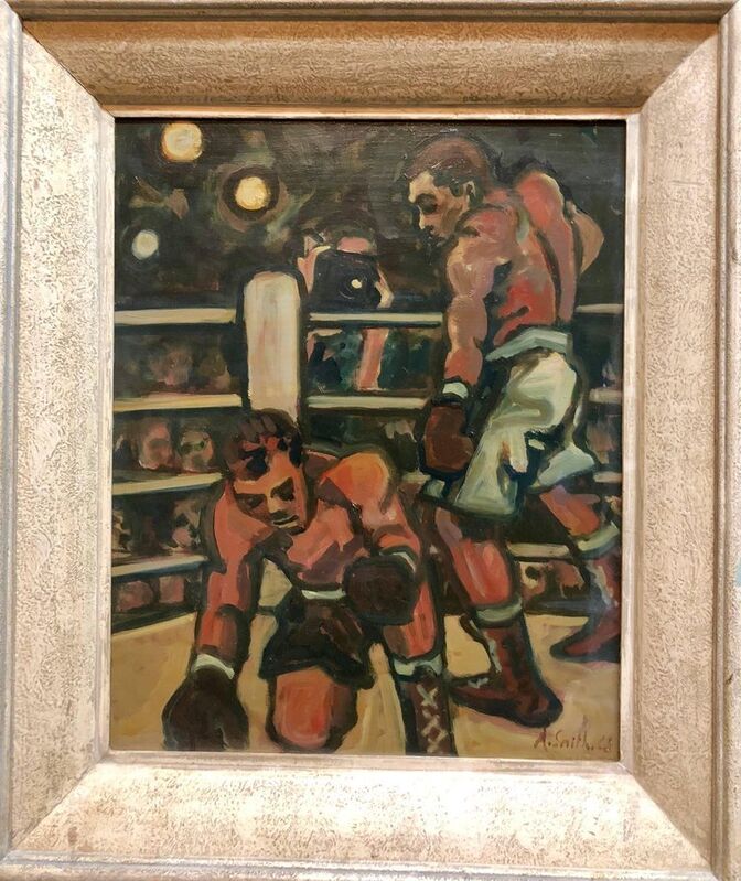 Arthur Smith, ‘Boxing Sporting Painting 'Down for the Count' WPA artist Americana’, Mid-20th Century, Painting, Canvas, Oil Paint, Lions Gallery