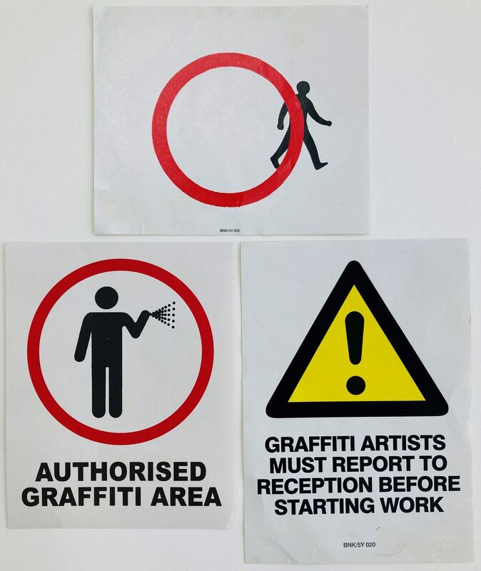 Banksy, ‘Stepping Out, Graffiti Artists Must Report To Reception & Authorised Graffiti Area’, Ephemera or Merchandise, A collection of three paste-up stickers, Tate Ward Auctions