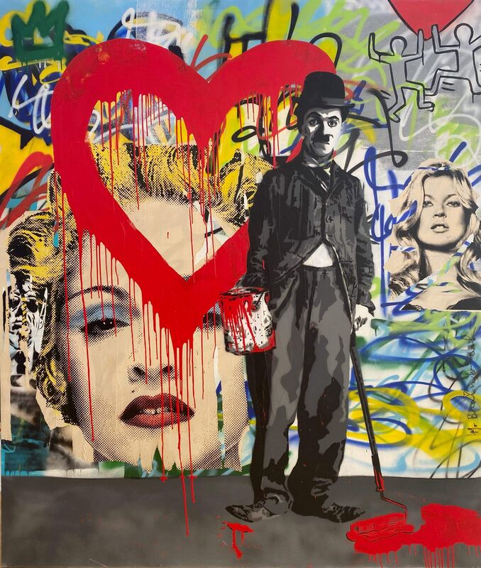 Mr. Brainwash, ‘Charlie Chaplin Red Heart’, 2009, Painting, Spray paint acrylic and collage on Canvas, Enter Gallery