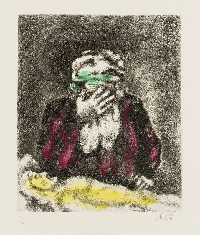 Marc Chagall, ‘The Bible: Abraham Pleurant Sara (See Cramer 30)’, 1958, Print, Etching extensively handcoloured in gouache, Forum Auctions