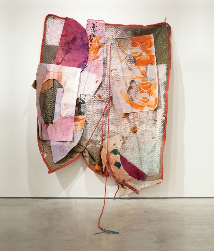 Eric N. Mack, ‘Pain After Heat’, 2014, Mixed Media, Rope, paper, acrylic paint, dye, ink, dried orange peel, wood, plastic, magazine pages, and grommets on quilted moving blanket, MoMA PS1