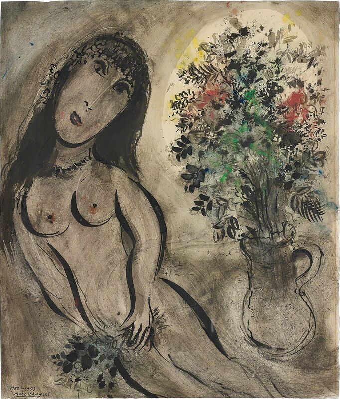 Marc Chagall, ‘Femme et vase de fleurs’, 1950-53, Drawing, Collage or other Work on Paper, Watercolor, gouache and India ink on paper, Phillips