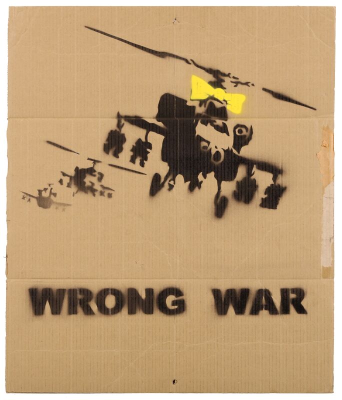 Banksy, ‘Wrong War (Yellow Chopper)’, 2003, Painting, Spraypaint and Stencil on Cardboard Placard, Chiswick Auctions