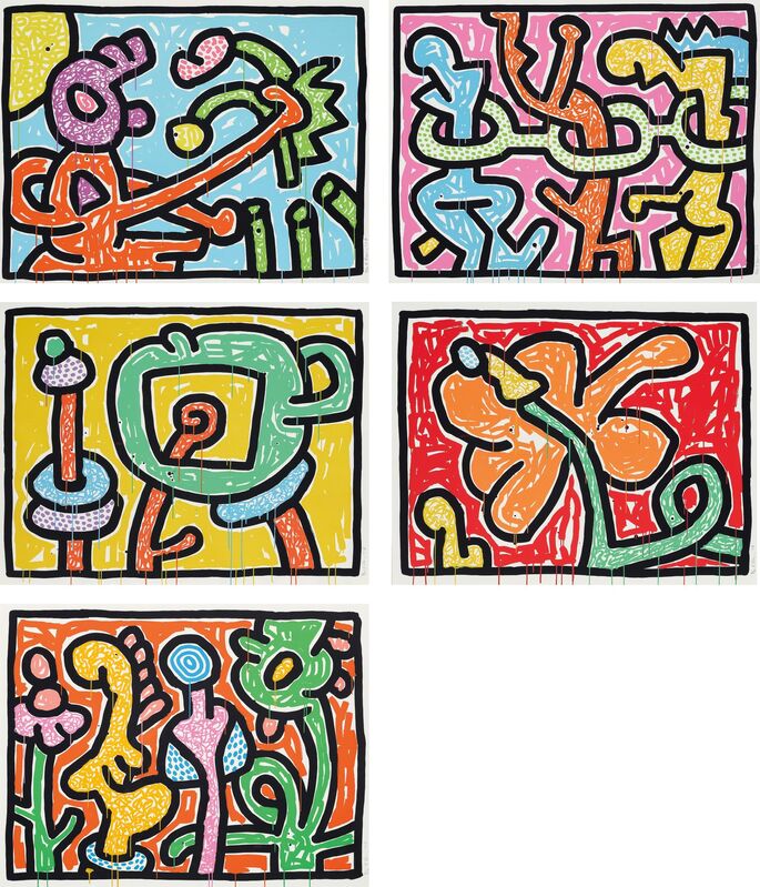 Keith Haring, ‘Flowers’, 1990, Books and Portfolios, The complete set of five screenprints in colours, on Coventry Paper, the full sheets, with title page and original green fabric-covered portfolio with printed title., Phillips