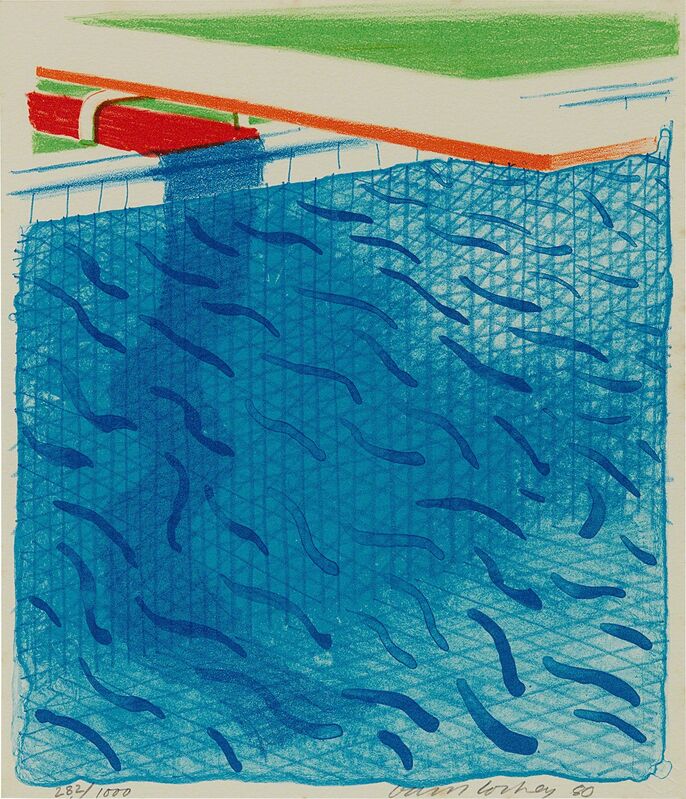 David Hockney, ‘Pool Made with Paper and Blue Ink for Book, from Paper Pools’, 1980, Print, Lithograph in colors, on Arches Cover paper, the full sheet, with the accompanying special edition Paper Pools book., Phillips