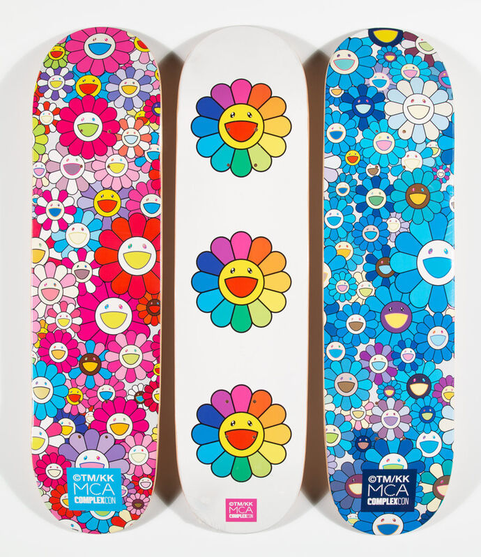 Takashi Murakami, ‘Multi Flower 8.0 Skate Decks (Blue, Pink, and White) (three works)’, 2017, Print, Screenprints in colors on skate decks, Heritage Auctions