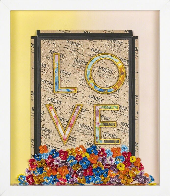 Stephen Wilson, ‘LOVE Cascading’, 2018, Textile Arts, Direct embroidery on limited-edition Gucci box with lace flower and Gucci-scarf typography appliqué and spray paint, Roman Fine Art