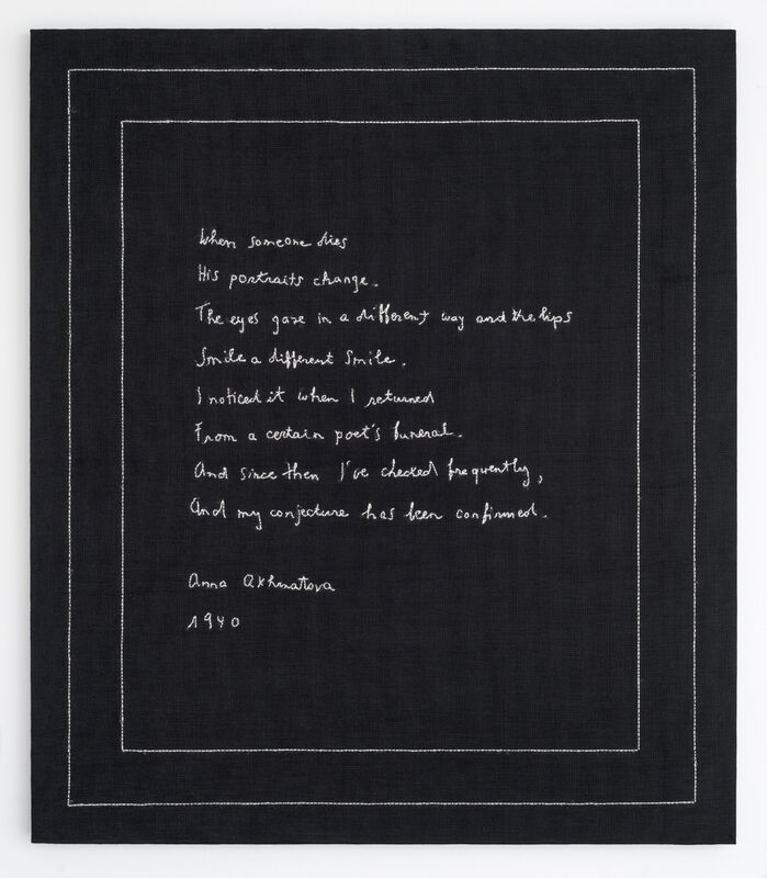 Elaine Reichek, ‘When Someone Dies (Akhmatova)’, 2018, Painting, Hand embroidery on linen, McClain Gallery