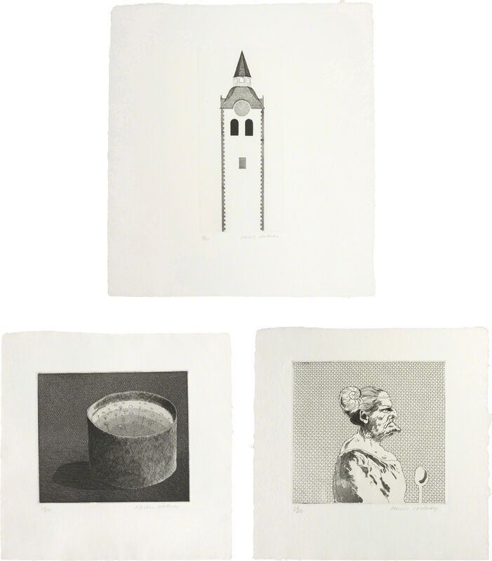 David Hockney, ‘The Church Tower and the Clock, The Pot Boiling; and The Cook; plates 10, 8 and 7 from Illustrations for Six Fairy Tales from the Brothers Grimm’, 1969, Print, Three etching and aquatints, on Hodgkinson hand-made wove paper watermarked 'DH / PP', with full margins, Phillips