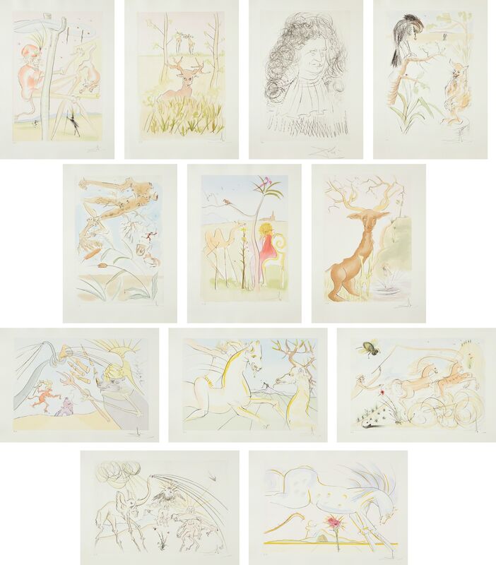 Salvador Dalí, ‘Le Bestiare de la Fontaine Dalinesé (La Fontaine's Bestiary Dalinized)’, 1974, Print, The complete set of 12 etchings with drypoint and stencil-coloring, on Arches paper, with full margins, loose (as issued), title page, all contained in the original brown suede portfolio, Phillips