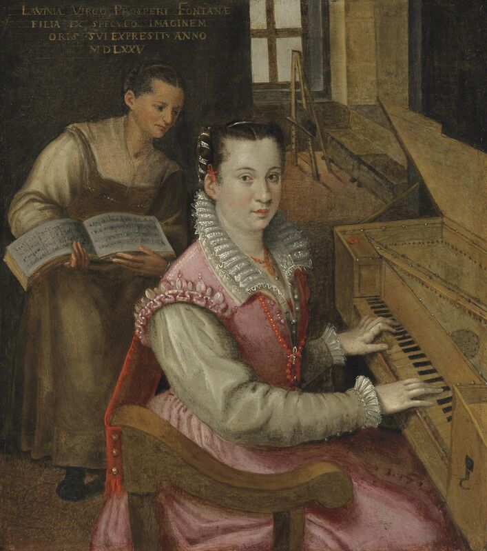 Studio of Lavinia Fontana, ‘Self-portrait at the keyboard with a maidservant’, Painting, Oil on metal, Christie's Old Masters 