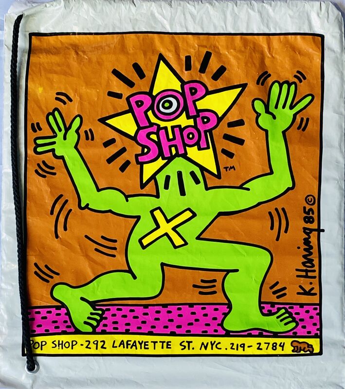 Keith Haring, ‘Keith Haring Pop Shop bag (Keith Haring pop shop New York)’, ca. 1986, Ephemera or Merchandise, Silkscreened vinyl shopping bag, Lot 180 Gallery