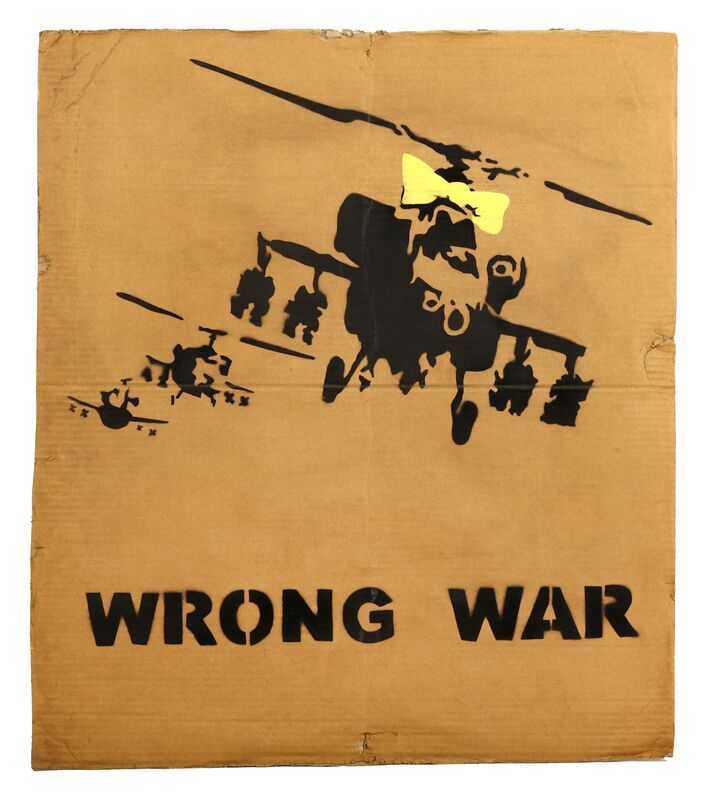Banksy, ‘‘Wrong War (Yellow Chopper)’’, 2003, Drawing, Collage or other Work on Paper, Stencil and spraypaint on cardboard placard, Chiswick Auctions