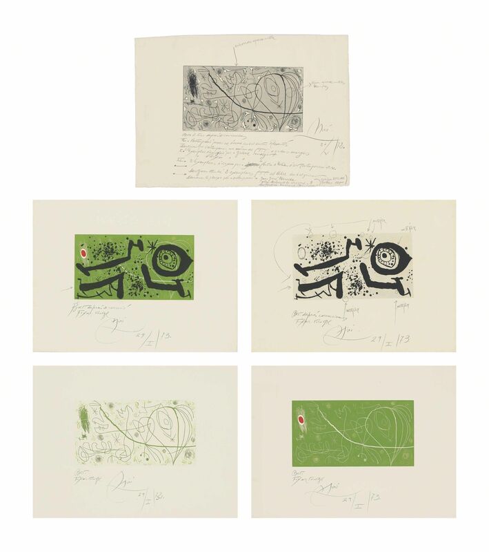 Joan Miró, ‘Picasso i els Reventos’, 1973, Print, A rare suite of five etchings with aquatint and embossing printed from two plates on BFK Rives wove paper, Christie's