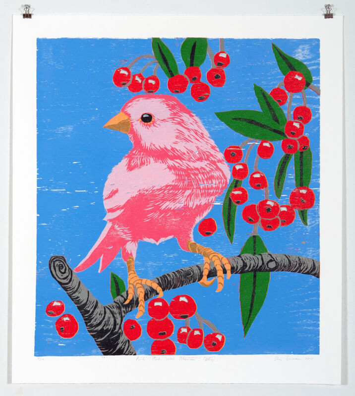 Ann Craven, ‘Pink Bird with Cherries (Blue)’, 2011, Print, Reduction Wood Cut on Paper, Food Bank For New York City Benefit Auction