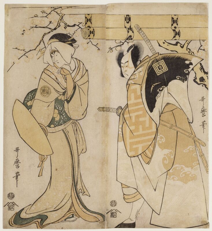 Kitagawa Utamaro, ‘The actors Ichikawa Omezo I in the role of and Adachi Tokuro and Nakayama Tomisaburo I in the role of Matsumura Tatsue-mon’, 1795-1796, Print, Hosoban diptych, polychrome woodblock print (nishiki-e), Musée national des arts asiatiques - Guimet