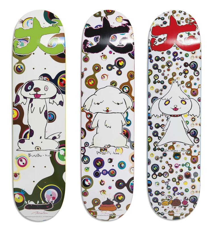 Takashi Murakami, ‘BunBu-Kun, Ponchi-Kun, Shimon-Kun (set of 3)’, Other, Triptych, screenprint on skateboards, DIGARD AUCTION