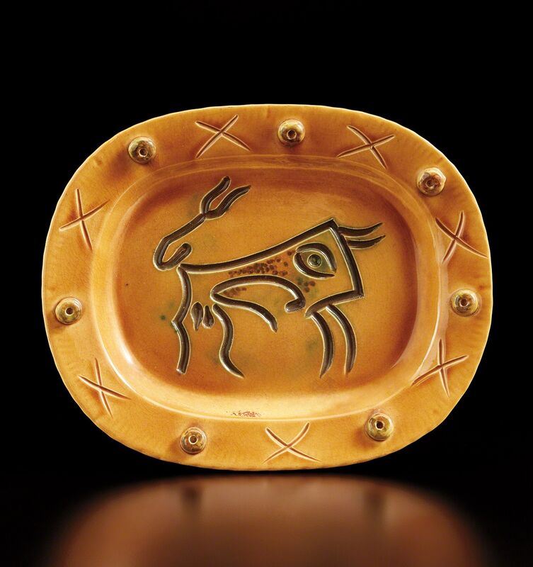Pablo Picasso, ‘Engraved bull (Taureau gravé)’, 1947, Design/Decorative Art, White earthenware rectangular dish with engraving, painted in yellow and brown., Phillips