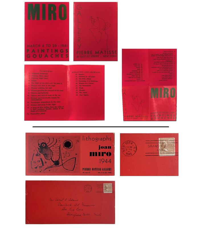 Joan Miró, ‘2 PIECE SET- "MIRO Paintings Gouaches” & "Lithographs Joan Miro 1944", 1941 & 1945 Exhibition Invitations/Mailers, Pierre Matisse Gallery NYC’, 1941 & 1945, Ephemera or Merchandise, Lithograph on gloss paper, VINCE fine arts/ephemera