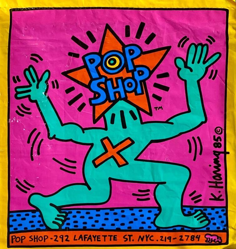 Keith Haring, ‘1980s Keith Haring Pop Shop bag (Keith Haring Pop Shop New York)’, ca. 1986, Ephemera or Merchandise, Silkscreened vinyl shopping bag, Lot 180 Gallery
