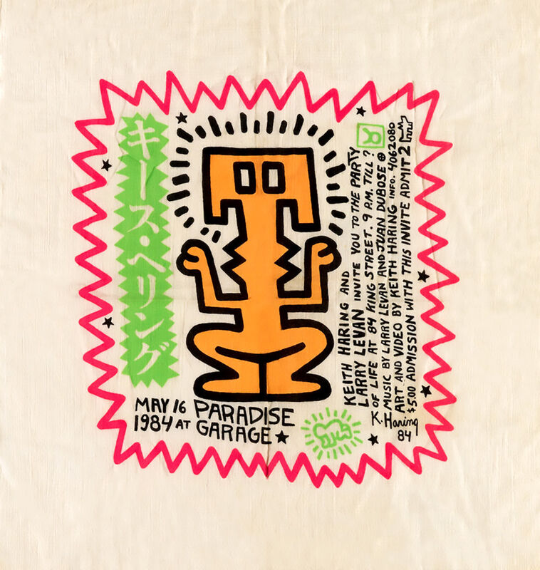 Keith Haring, ‘Keith Haring Party of Life invitation Paradise Garage (Keith Haring Larry Levan) ’, 1984, Ephemera or Merchandise, Screen-printed handkerchief, Lot 180 Gallery