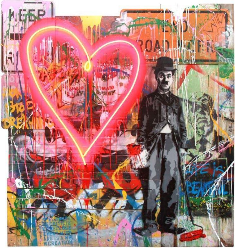 Mr. Brainwash, ‘Chaplin’, 2018, Installation, Neon Lightbulb, Mixed Media on Street Signs and Fibreglass Brick Wall, Maddox Gallery