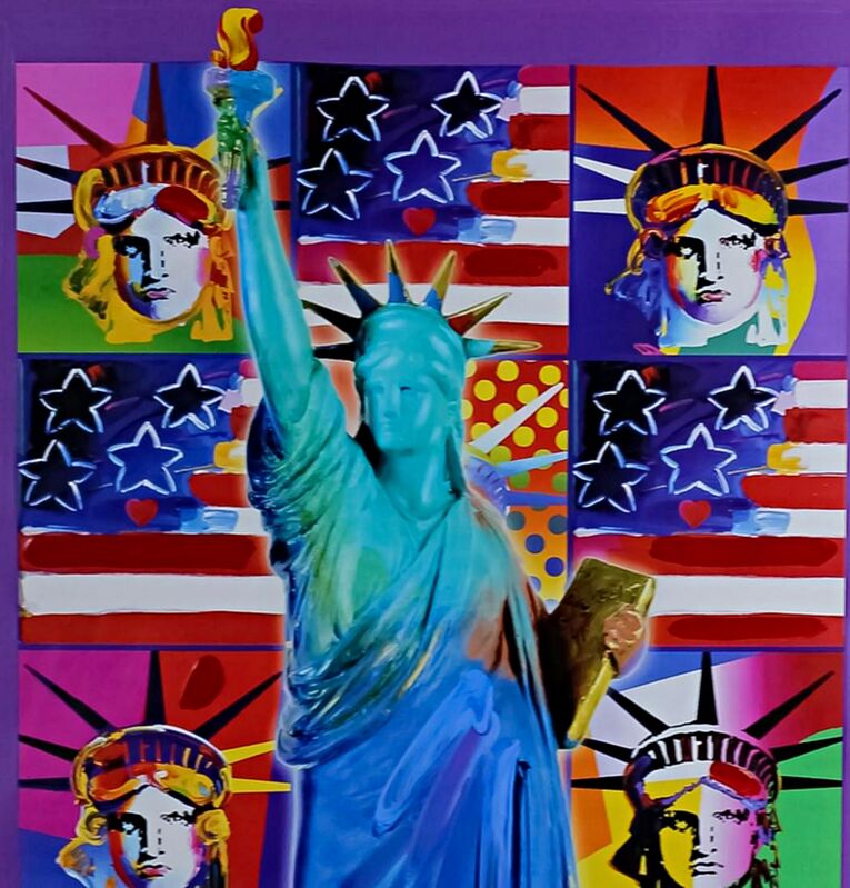 Peter Max, ‘United We Stand: Four Statues of Liberty with Blue Statue of Liberty’, 2001, Painting, Unique acrylic and Mixed Media painting. Hand Signed. Framed., Alpha 137 Gallery