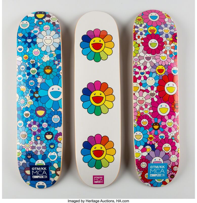 Takashi Murakami, ‘Multi Flower 8.0 Skate Decks (Blue, Pink, and White)’, 2017, Print, Screenprints in colors on skate decks, Heritage Auctions