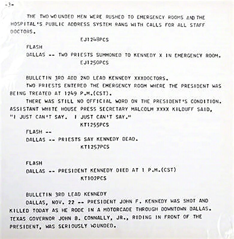 Andy Warhol, ‘Two (2) Silkscreens from Flash - JFK Assassination November 22, 1963: silkscreened text on paper plus silkscreen colophon , hand signed and numbered by Andy Warhol ( FS II.41) ’, 1968, Print, 2 Separate Silkscreens: (1) Silkscreen text on paper and teletype text; (2) colophon sheet in pencil and numbered XVII by Andy Warhol, Alpha 137 Gallery
