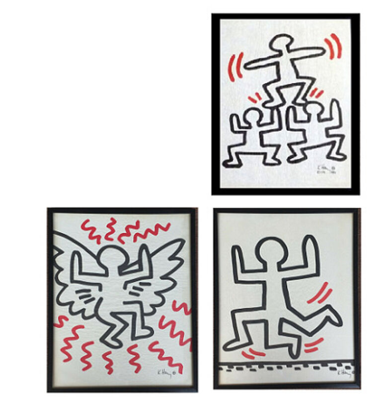 Keith Haring, ‘SET OF 3- Bayer Suite, Sali-Adalat, Edition of 70, Offset Lithograph on Glassine Paper, Museum Quality.’, 1982, Print, Offset lithograph on glassine paper, with original plastic frame (as issued), VINCE fine arts/ephemera