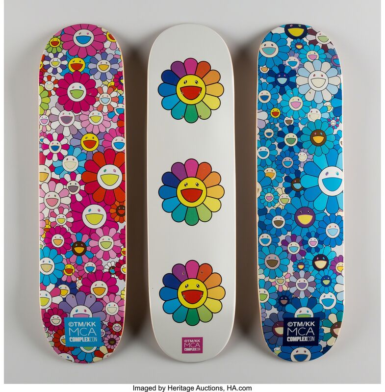 Takashi Murakami, ‘Multi Flower 8.0 Skate Decks (Blue, Pink, and White) (three works)’, 2016, Print, Screenprints in colors on skate decks, Heritage Auctions