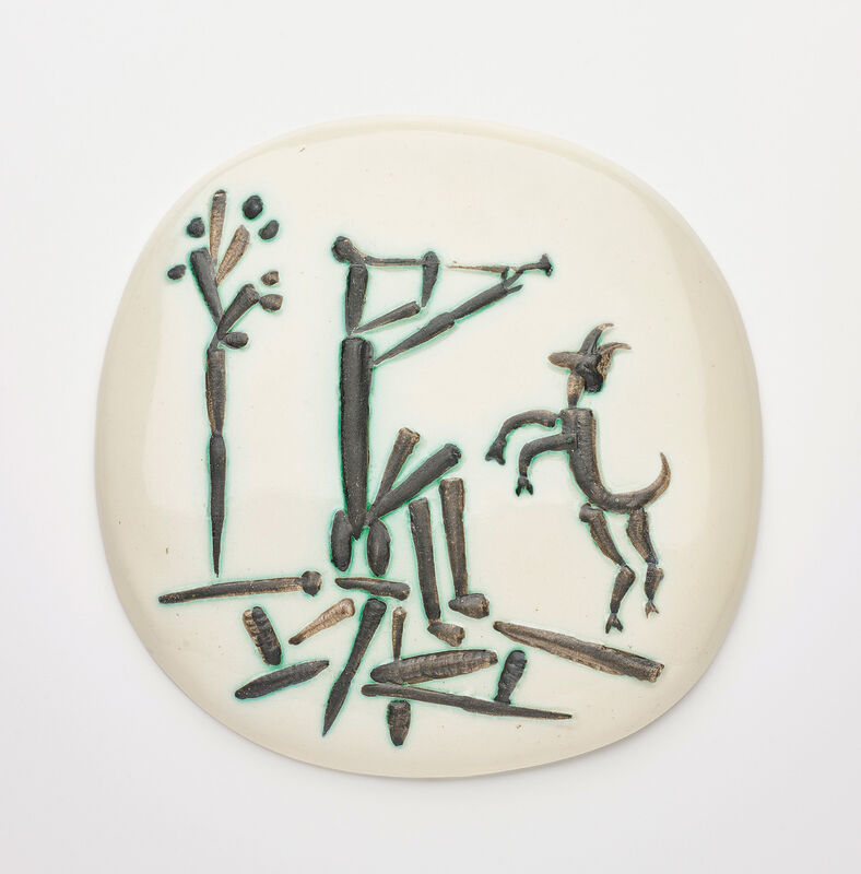 Pablo Picasso, ‘Joueur de flûte et chèvre (Flute Player and Goat)’, 1956, Design/Decorative Art, White earthenware plaque, painted in colours with partial brushed glaze., Phillips