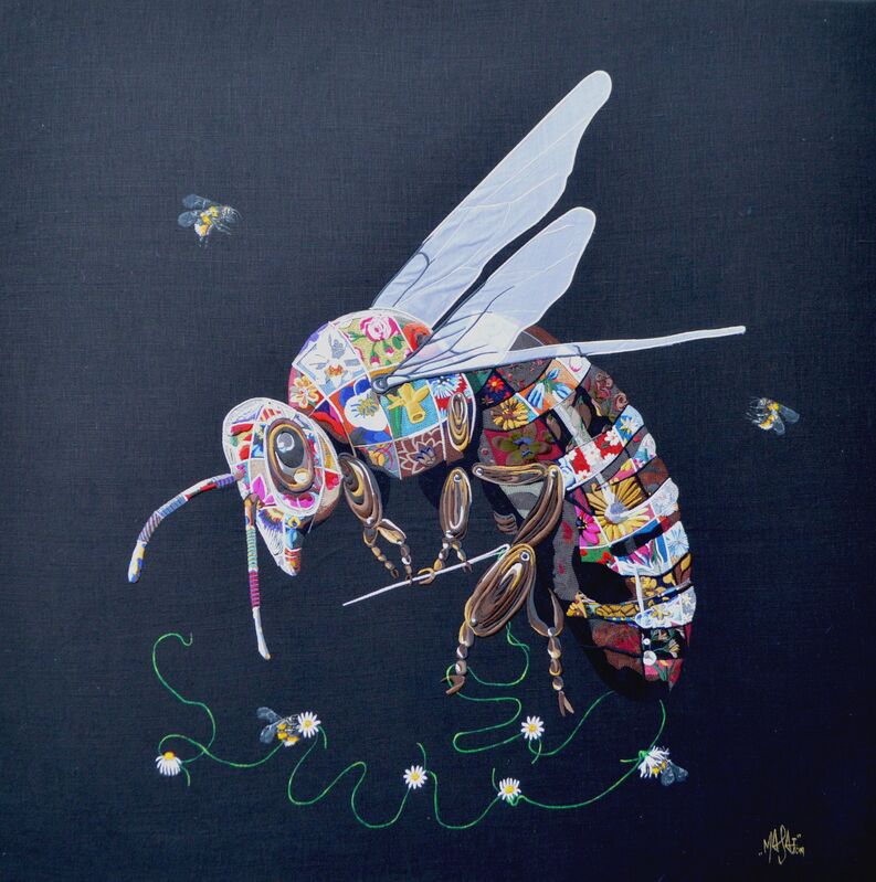 Louis Masai, ‘No strings attached (Black)’, 2019, Painting, Embroidery on stretched hemp canvas - handpainted thread of flowers and bees, NextStreet Gallery