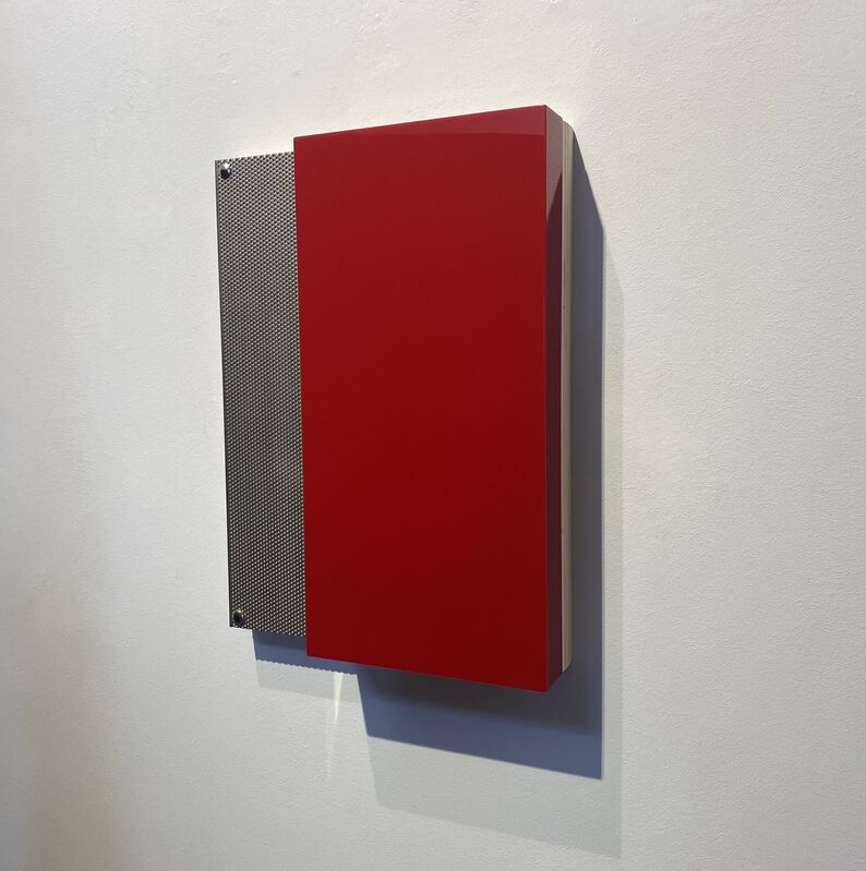 Nicolo' Baraggioli, ‘UNT CIV’, 2017, Sculpture, Red plexiglass box mounded on wooden panel, stainless steel mesh with drawing metallic pins, Sebastian Fath Contemporary 