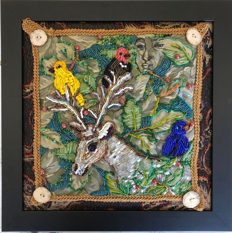 Mary Josephson, ‘Between Two Worlds’, 2019, Textile Arts, Glass beads, embroidery on tapestry, framed, Friesen+Lantz Fine Art